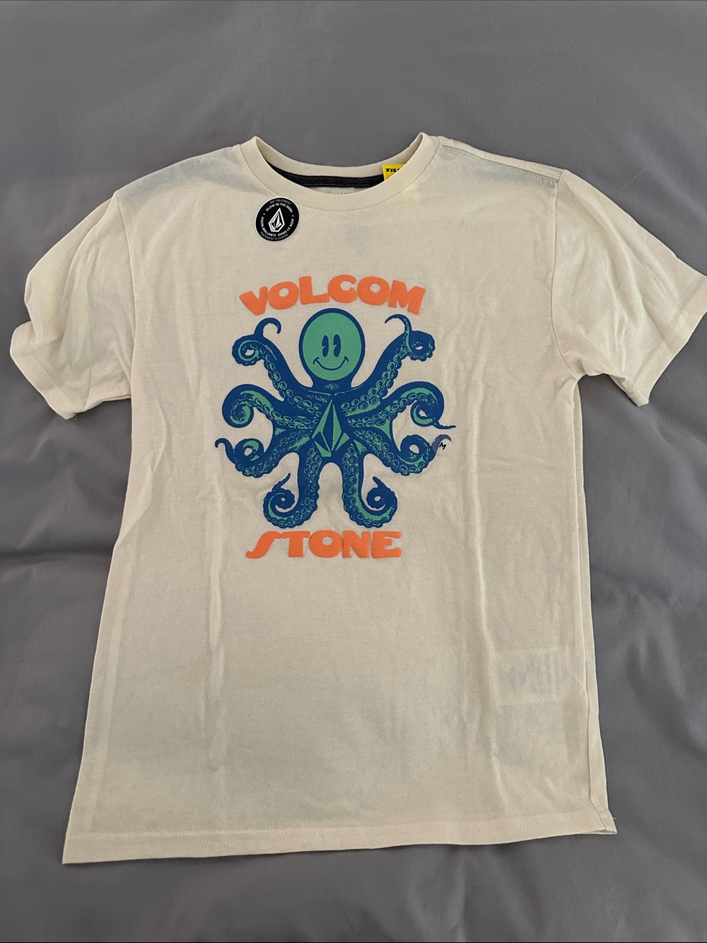 Volcom White Tee with Blue & Green Octopus Graphic and Orange Logo